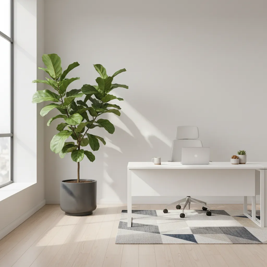 Gran planta decorativa en la esquina de una oficina moderna