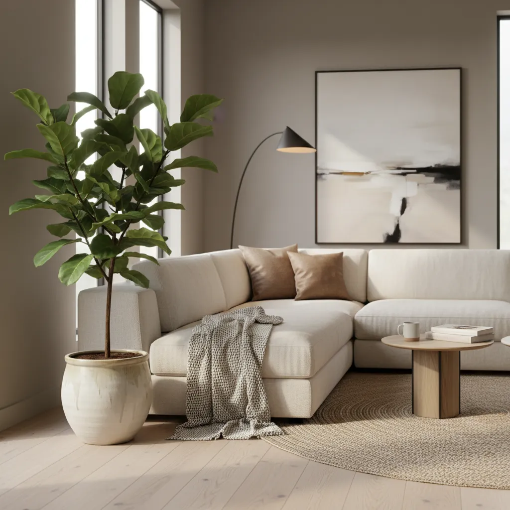 Planta grande equilibrando un rincón de salón junto a un sofá
