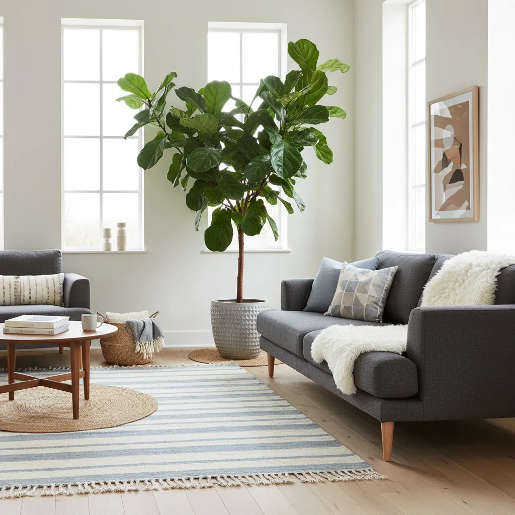 Ficus grande decorando la esquina de un salón moderno