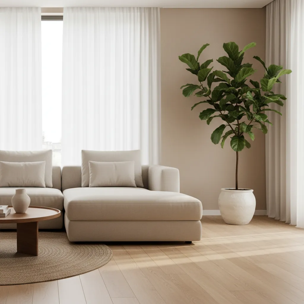 Modern living room with beige sofa, wooden table, large potted plant, and soft natural sunlight