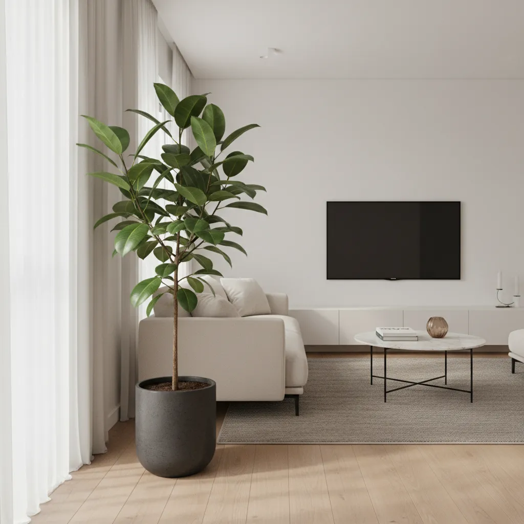 Ficus elastica grande decorando una esquina del salón