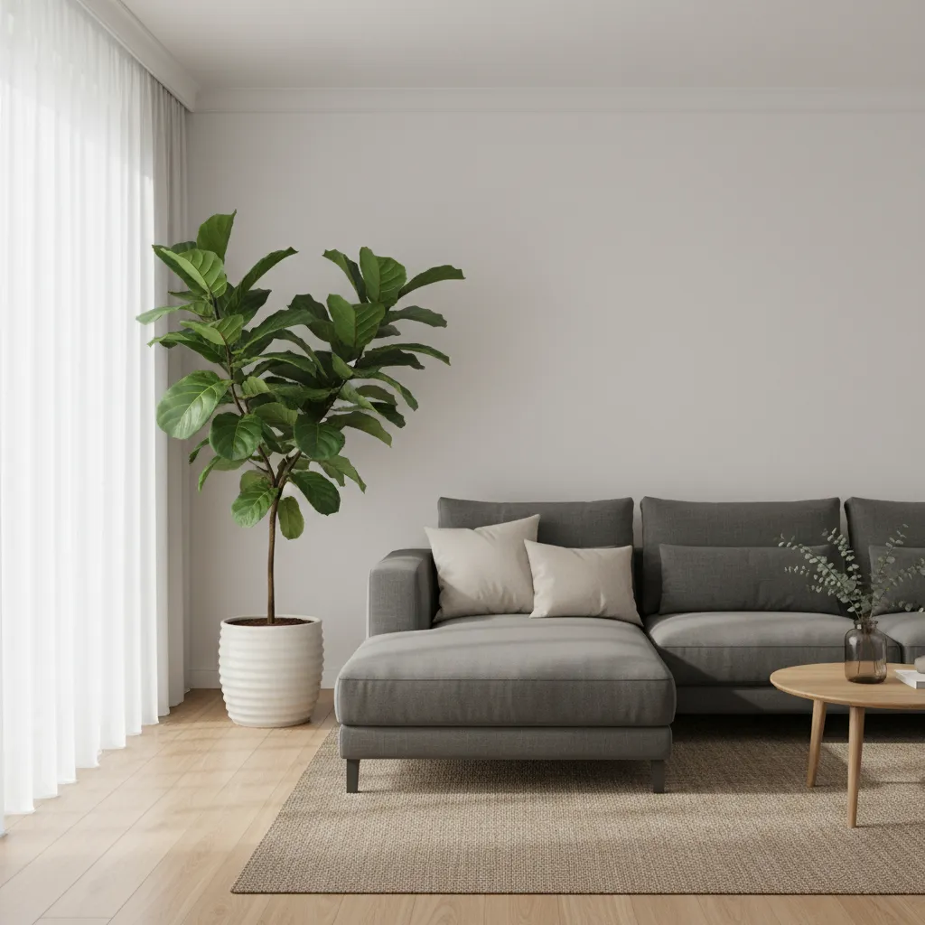 Minimalist living room with grey sofa large green plant wooden floor rug and coffee table