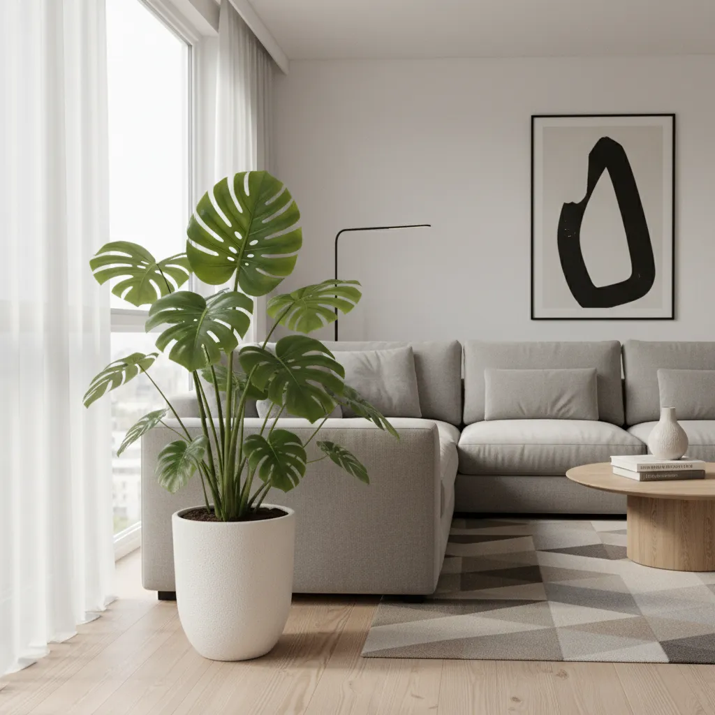 Modern living room with large green plant in white pot beside gray sofa and rug