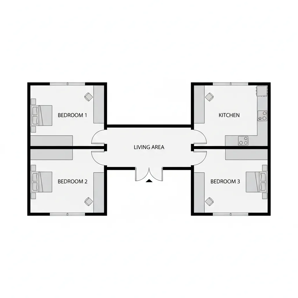 Diagrama arquitectónico simple mostrando una casa con planta en forma de H