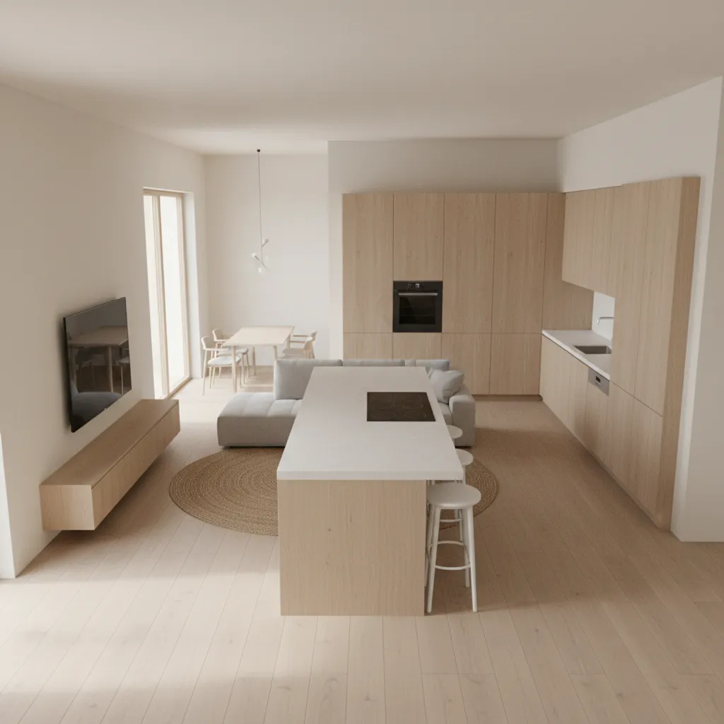 planta mostrando integração de sala e cozinha em casa pequena