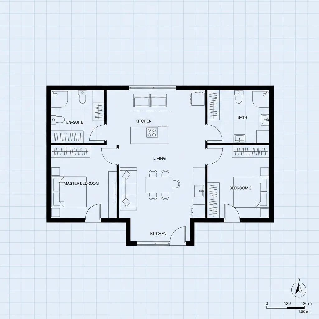 planta baixa mostrando sala e cozinha integradas em casa compacta