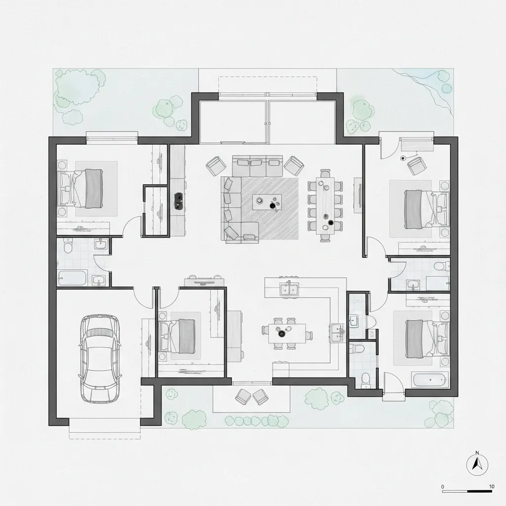 Distribución interior de una casa moderna de un piso