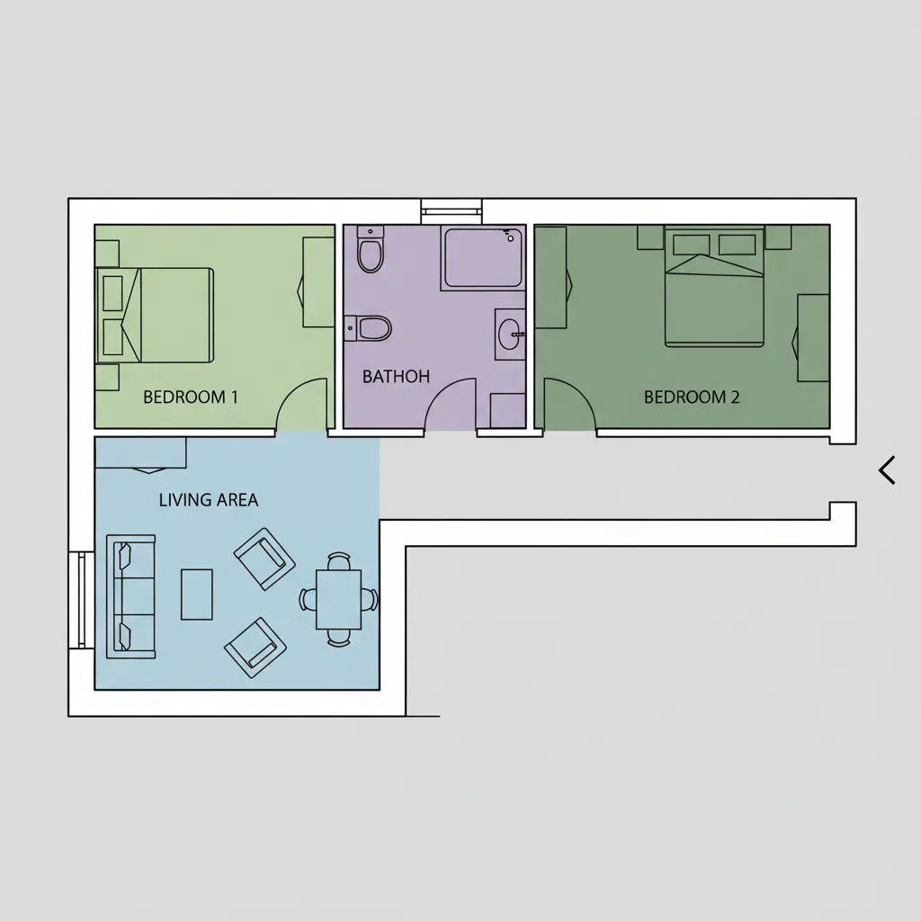 layout de planta de casa 6x10 mostrando divisão entre área social e quartos