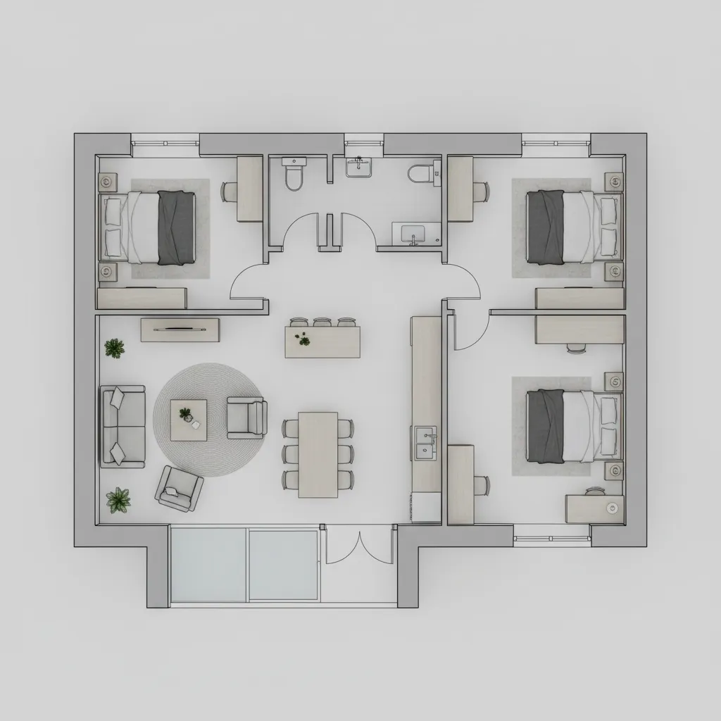 layout de planta 6x8 mostrando zona social e zona íntima
