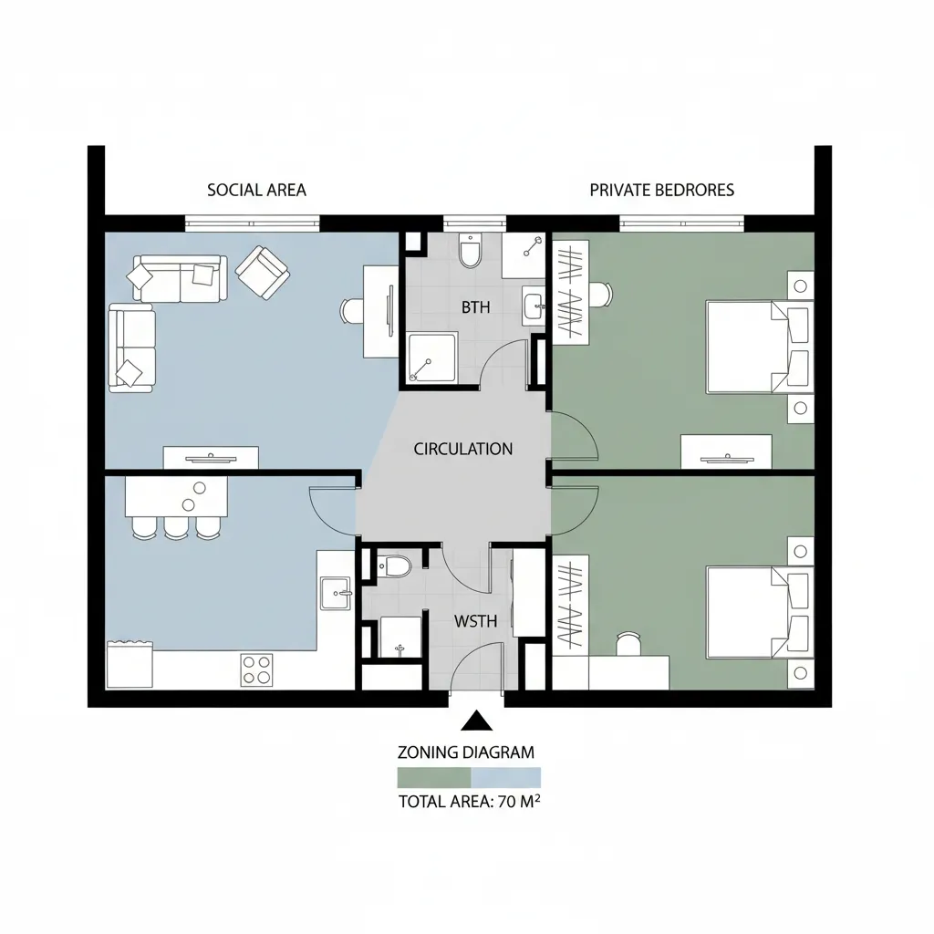 planta arquitetonica mostrando zona social e zona íntima em casa 70m2