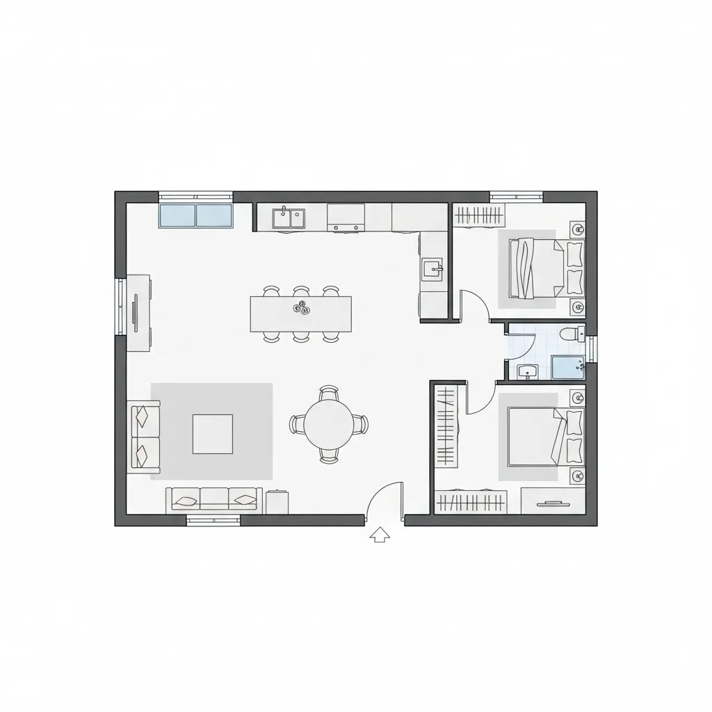 Layout de planta baixa mostrando sala e cozinha integradas