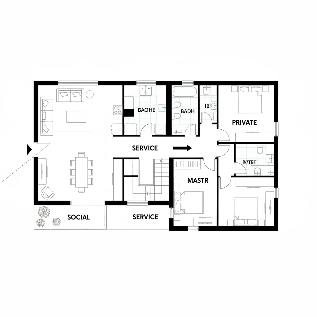 planta arquitetônica mostrando zonas social íntima e serviço em terreno 7x20