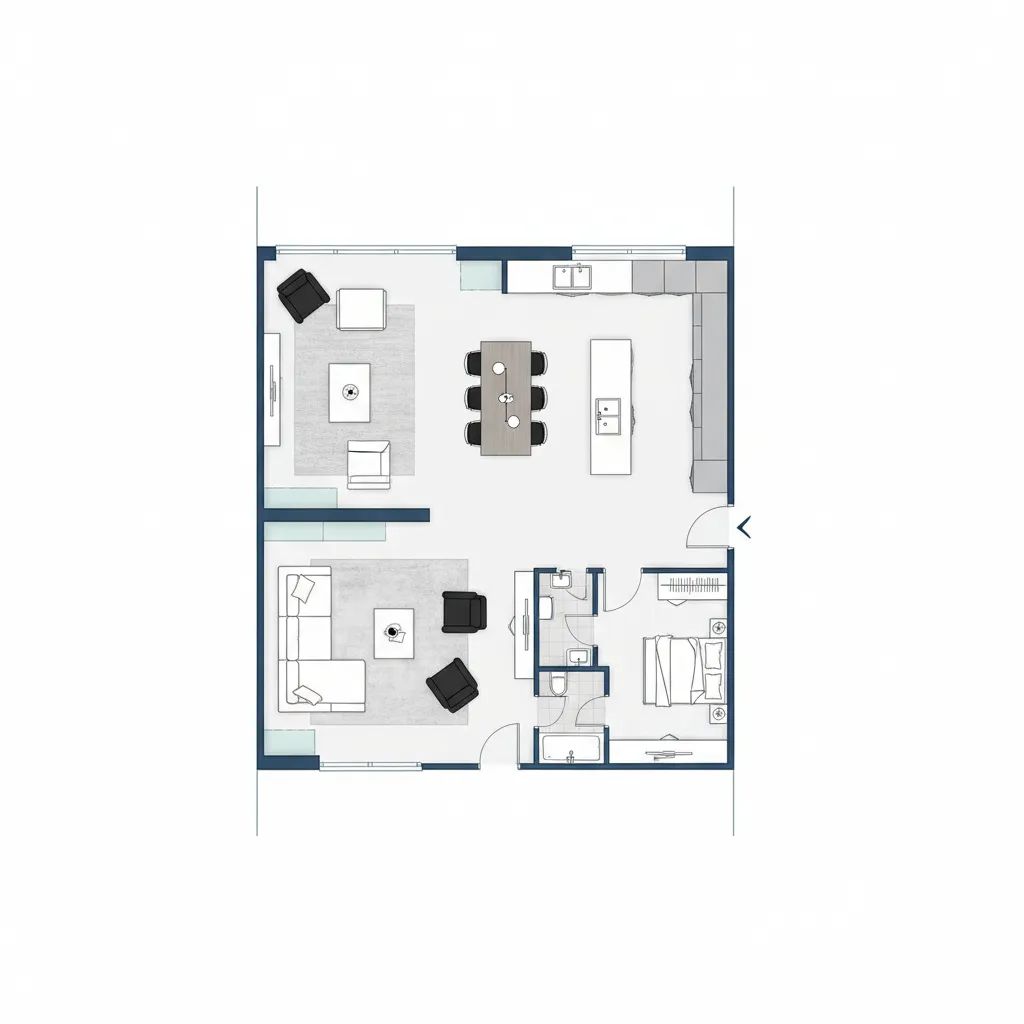 planta linear de casa estreita com sala cozinha e jantar integrados