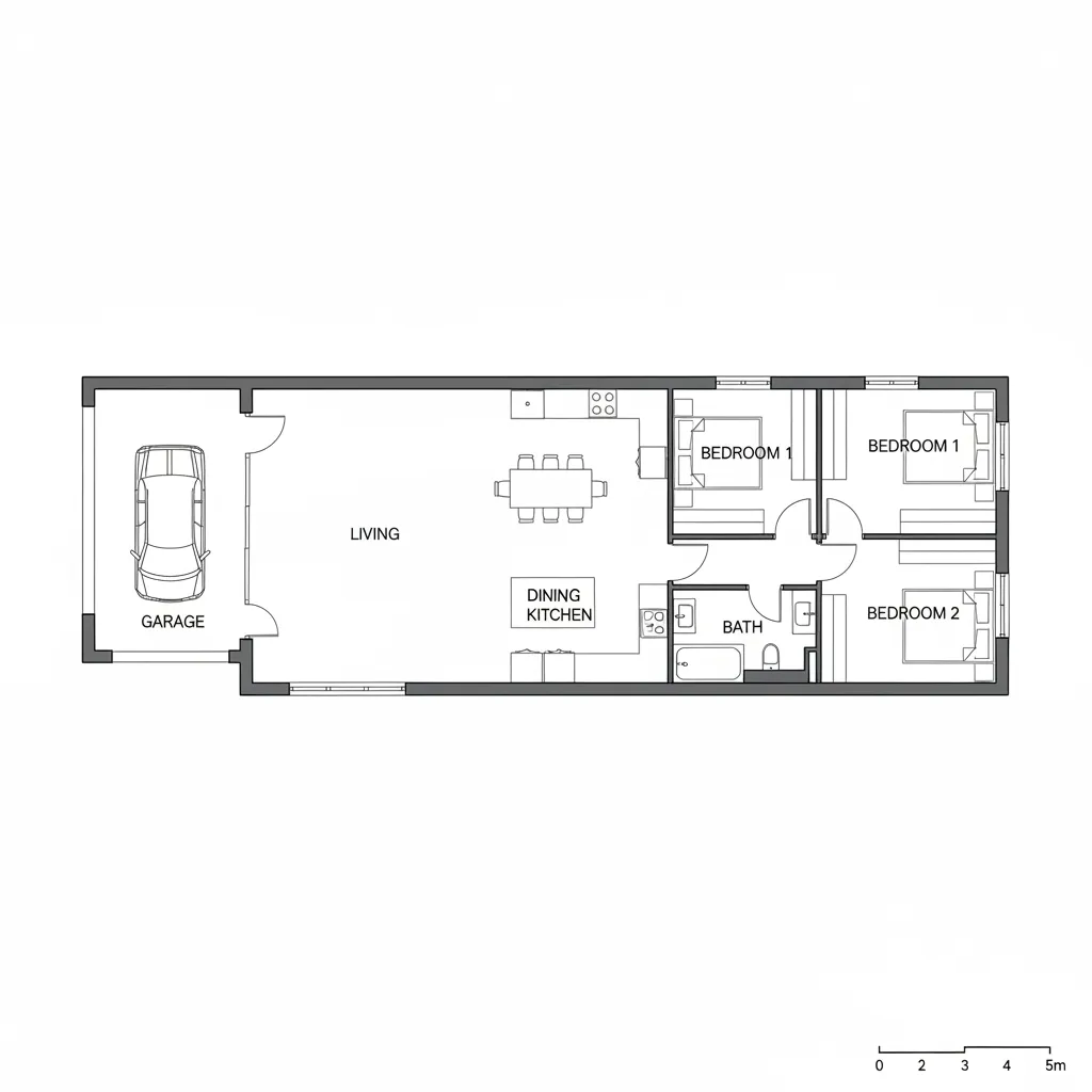 planta baixa linear para casa em terreno 6x30 com sala e cozinha integradas