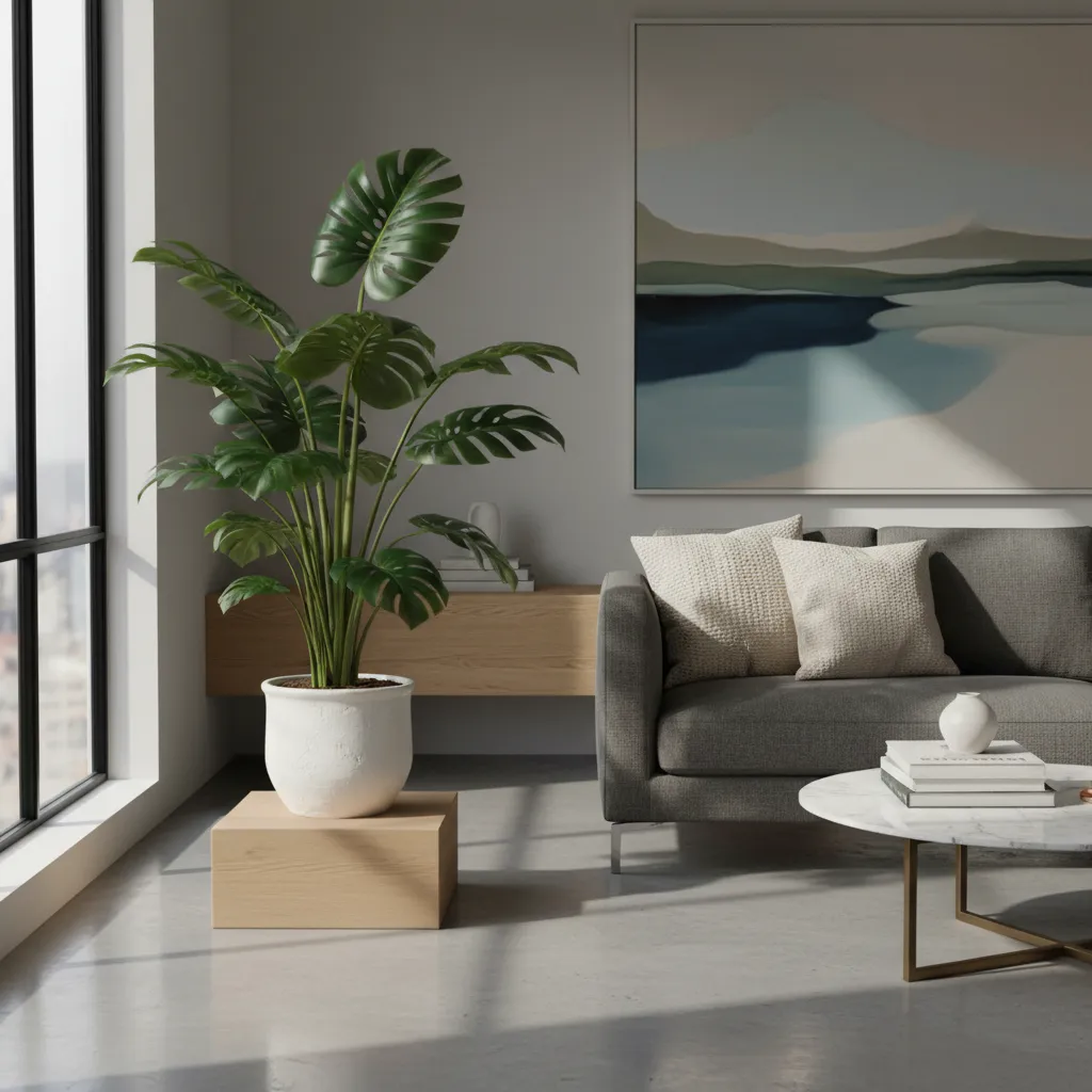 Large green plant in white pot near grey sofa with pillows and large wall painting