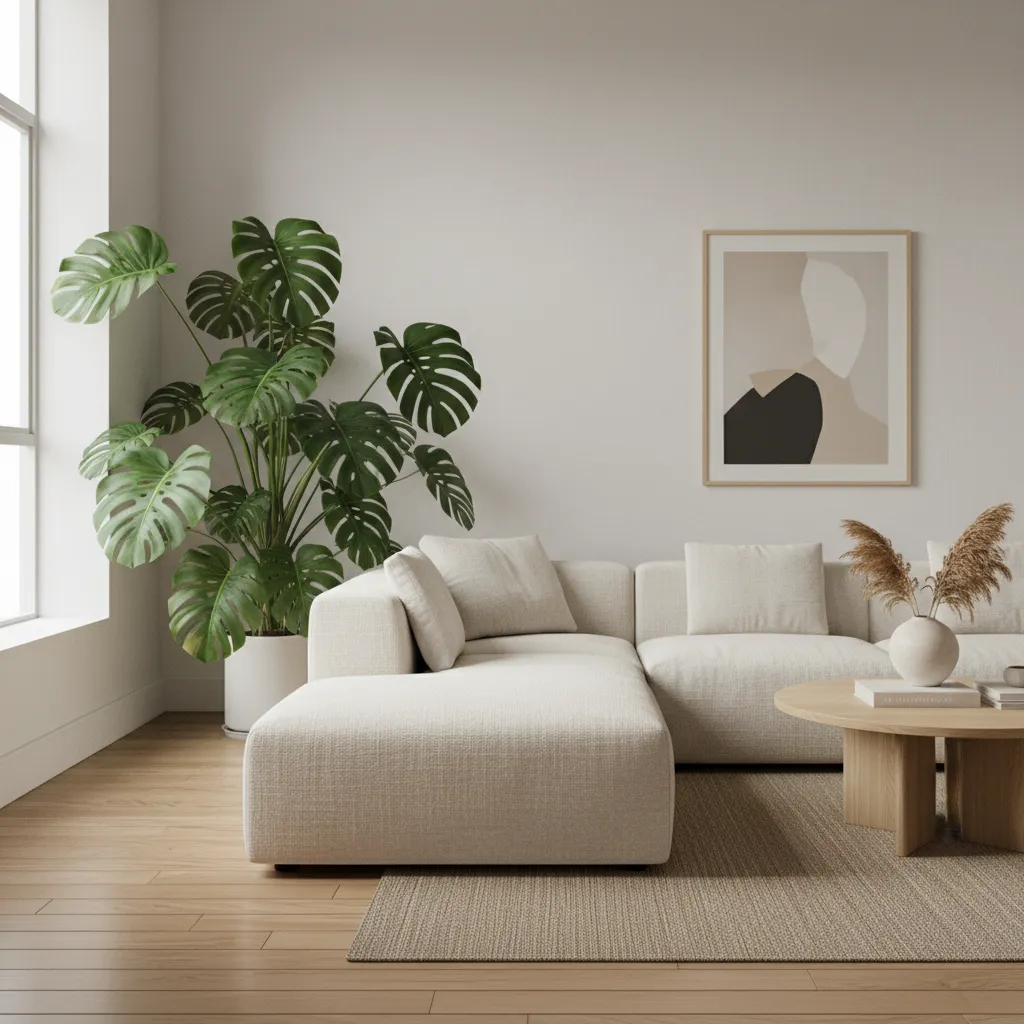 Modern living room with white sofa large green plant wooden coffee table rug and art
