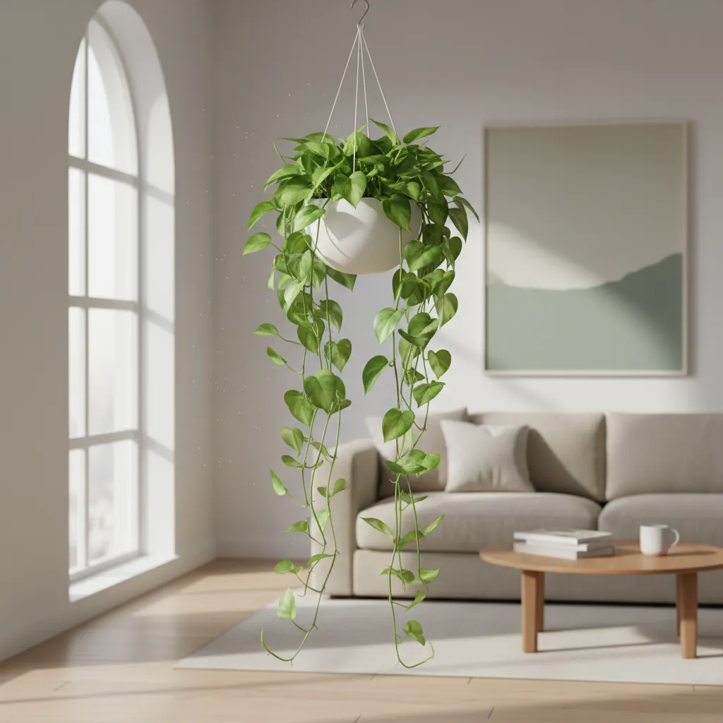 Planta pothos colgante con hojas verdes cayendo desde una maceta suspendida