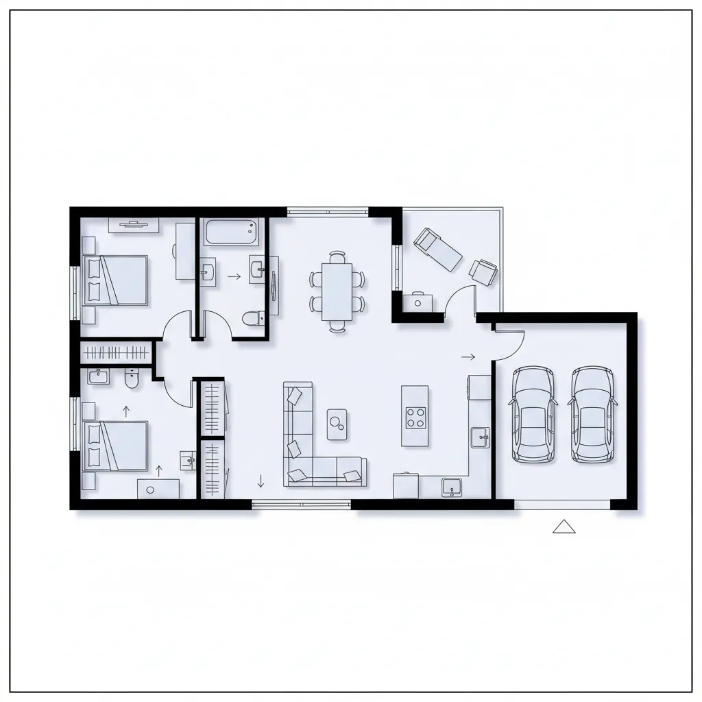 Simple floor plan drawing showing two bedrooms two bathrooms living area kitchen and double garage