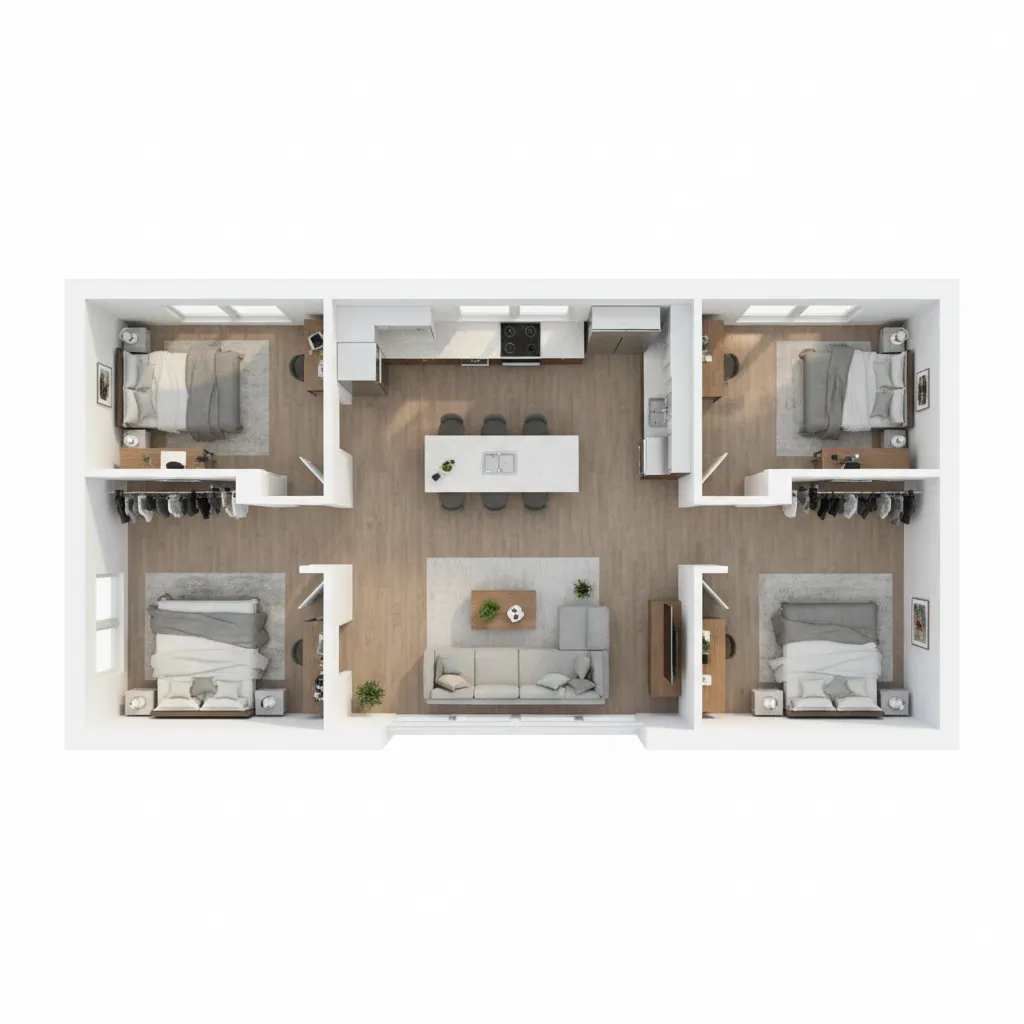 planta completa de casa em 3D com móveis