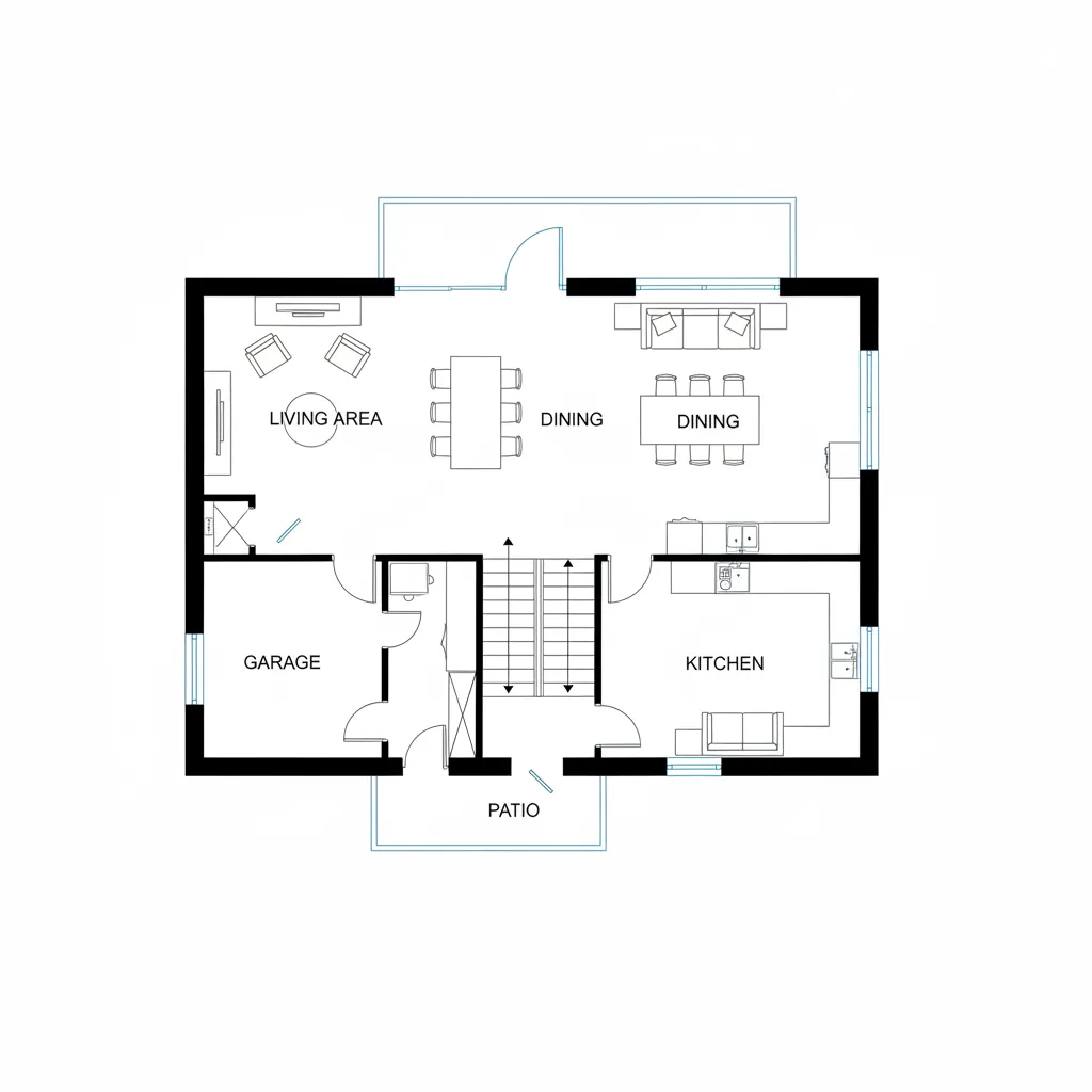 planta do pavimento térreo com sala cozinha e escada