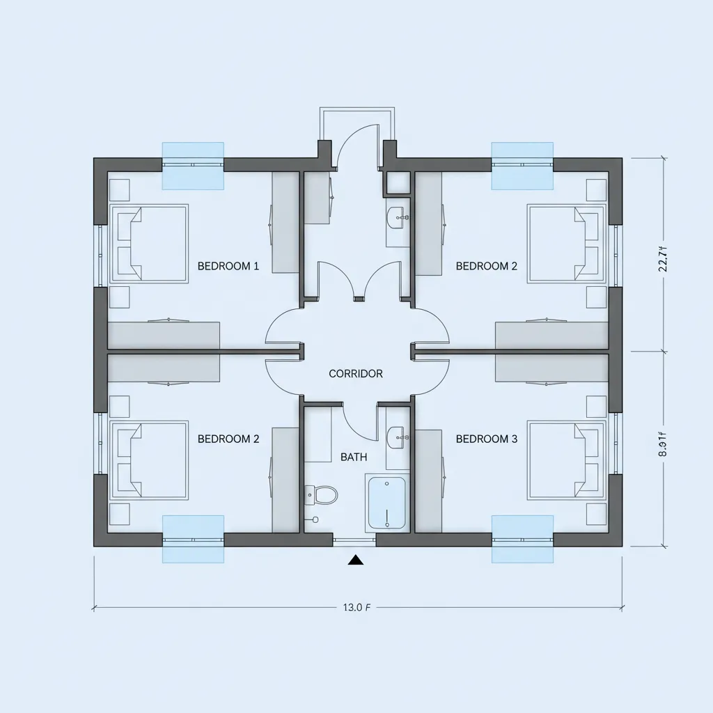 planta mostrando corredor curto conectando três quartos