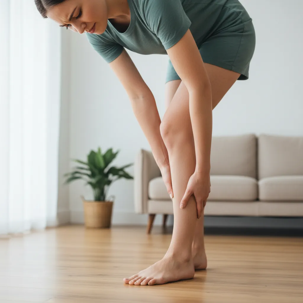 Person holding heel while standing on hardwood floor indicating plantar fasciitis pain