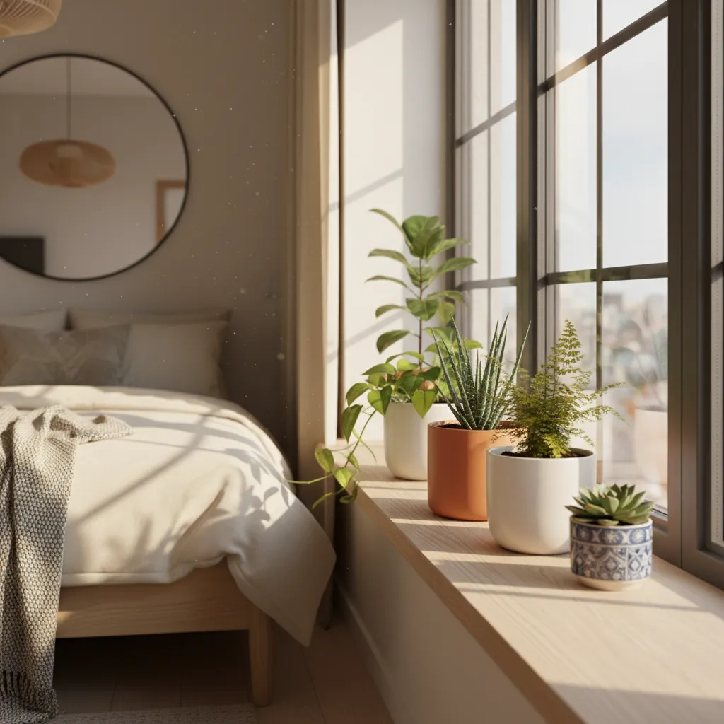 Alfeizar interior con varias plantas pequeñas recibiendo luz natural