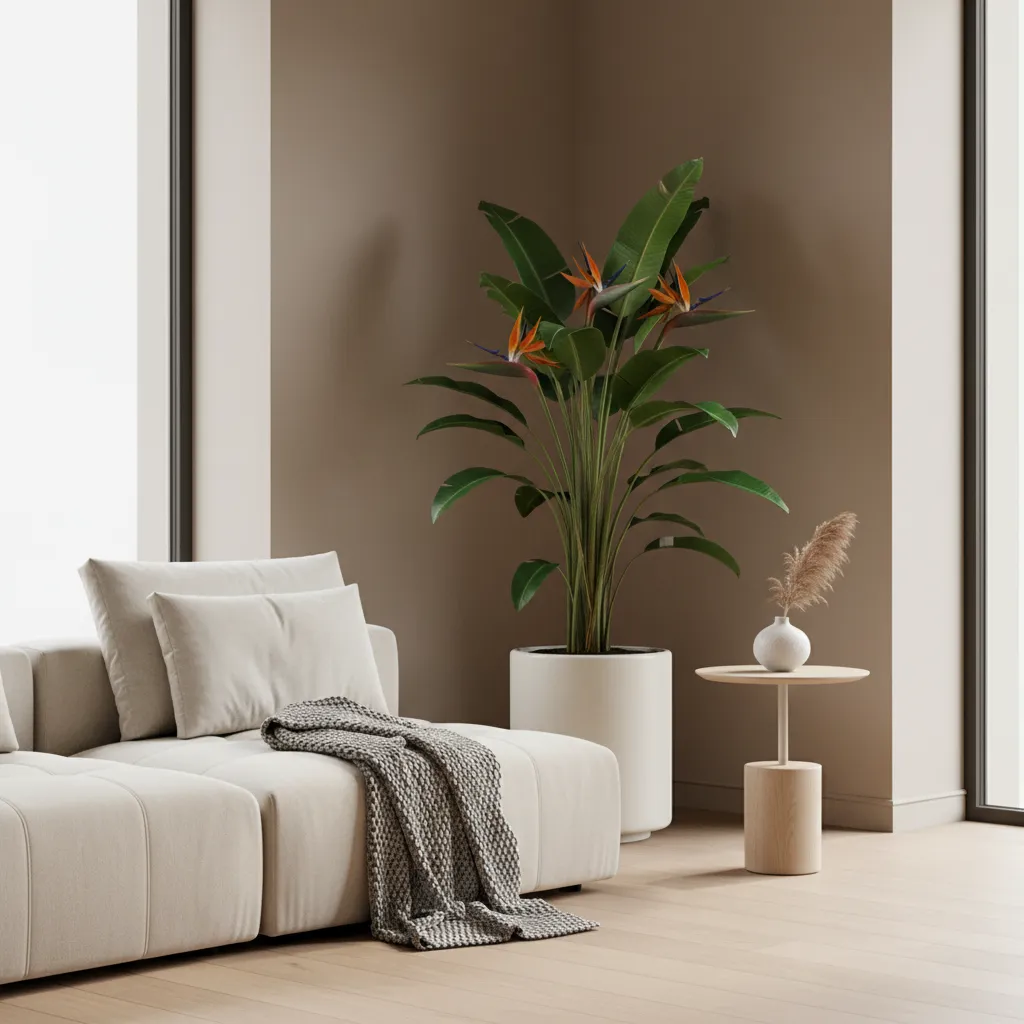 Planta alta colocada en la esquina de un salón moderno