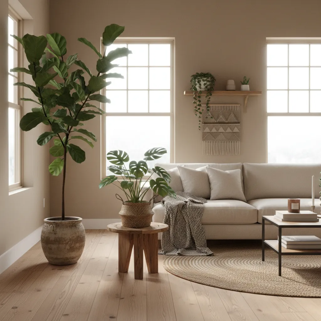 Salón con plantas de diferentes alturas creando profundidad visual