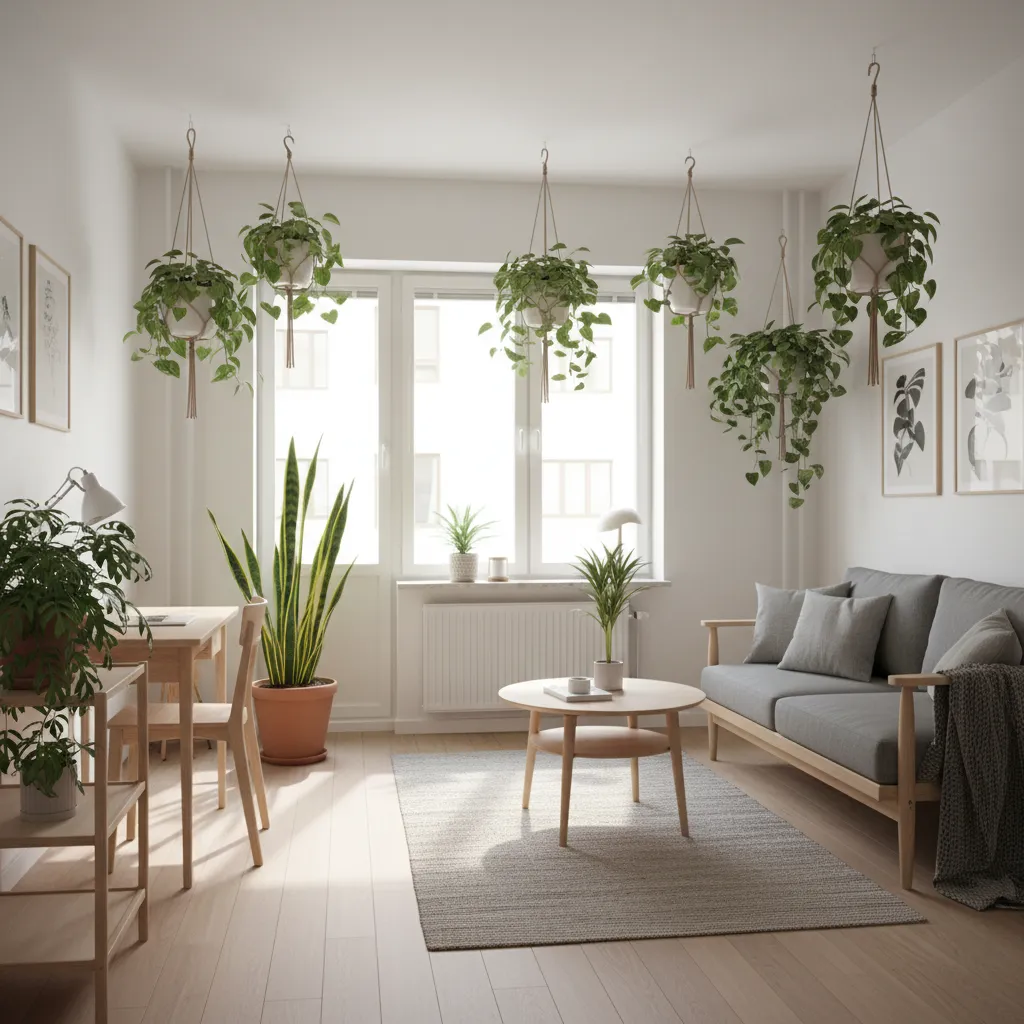 Small apartment living room with hanging plants from ceiling plus gray sofa and wooden table