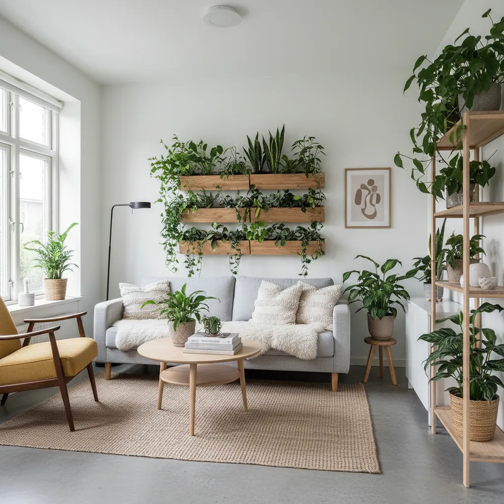 Apartamento pequeño con plantas y estanterías verdes