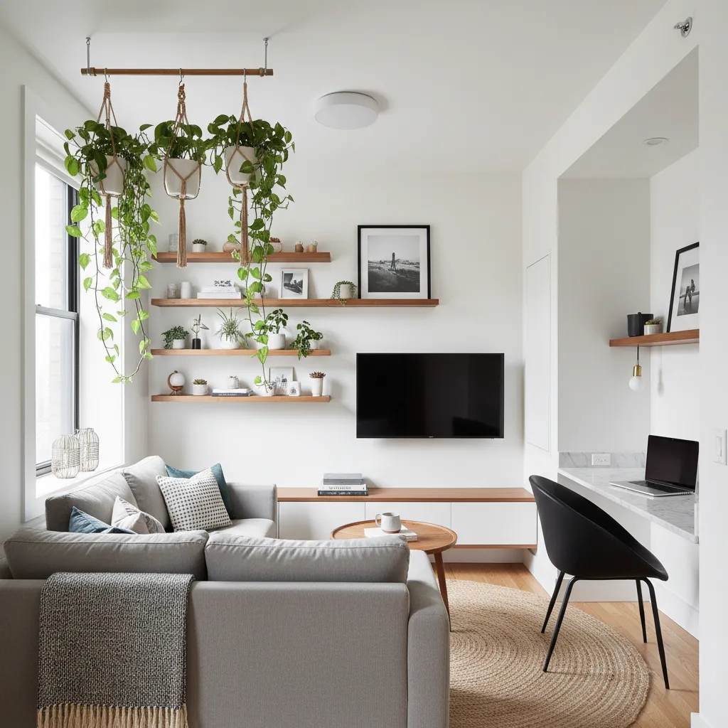Pequeño apartamento con plantas colgantes y decoración minimalista