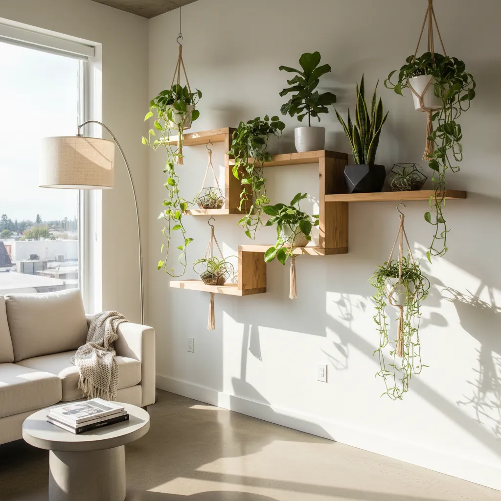 Plantas pequeñas en estantes flotantes en un apartamento compacto