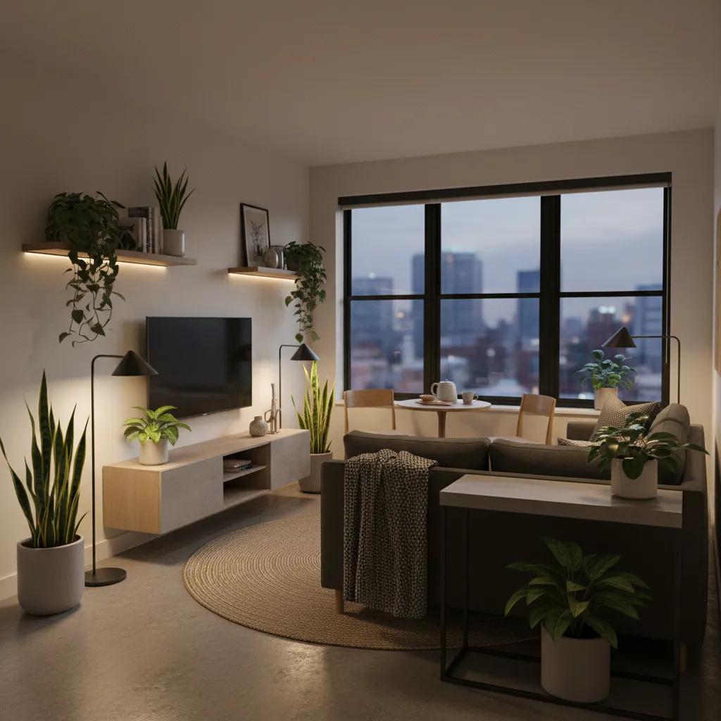 Apartamento pequeño con plantas decorativas en espacios con poca luz