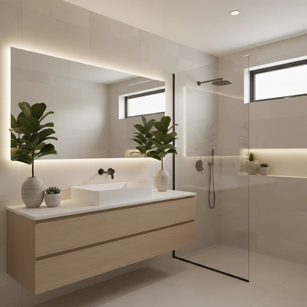 Baño moderno decorado con plantas artificiales