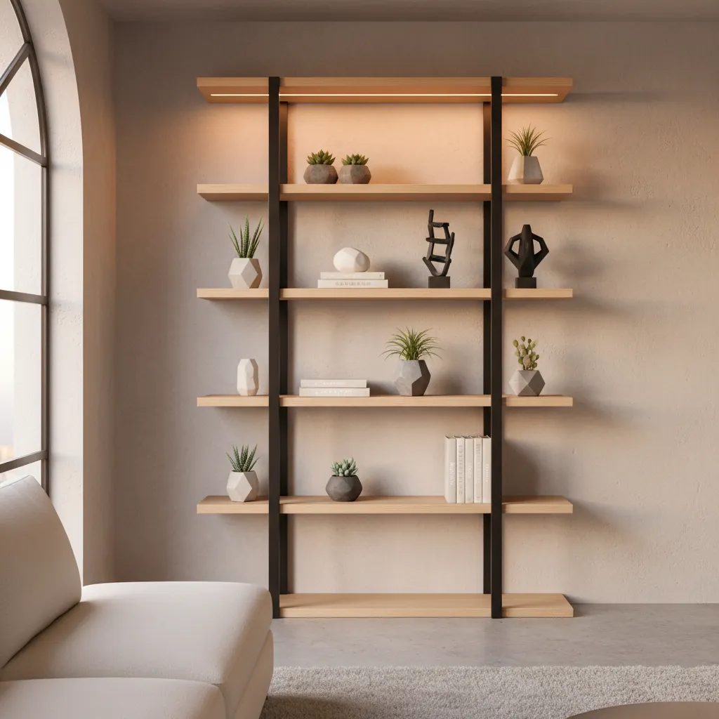 Wooden bookshelf with black frame holding small potted plants and books against a beige wall