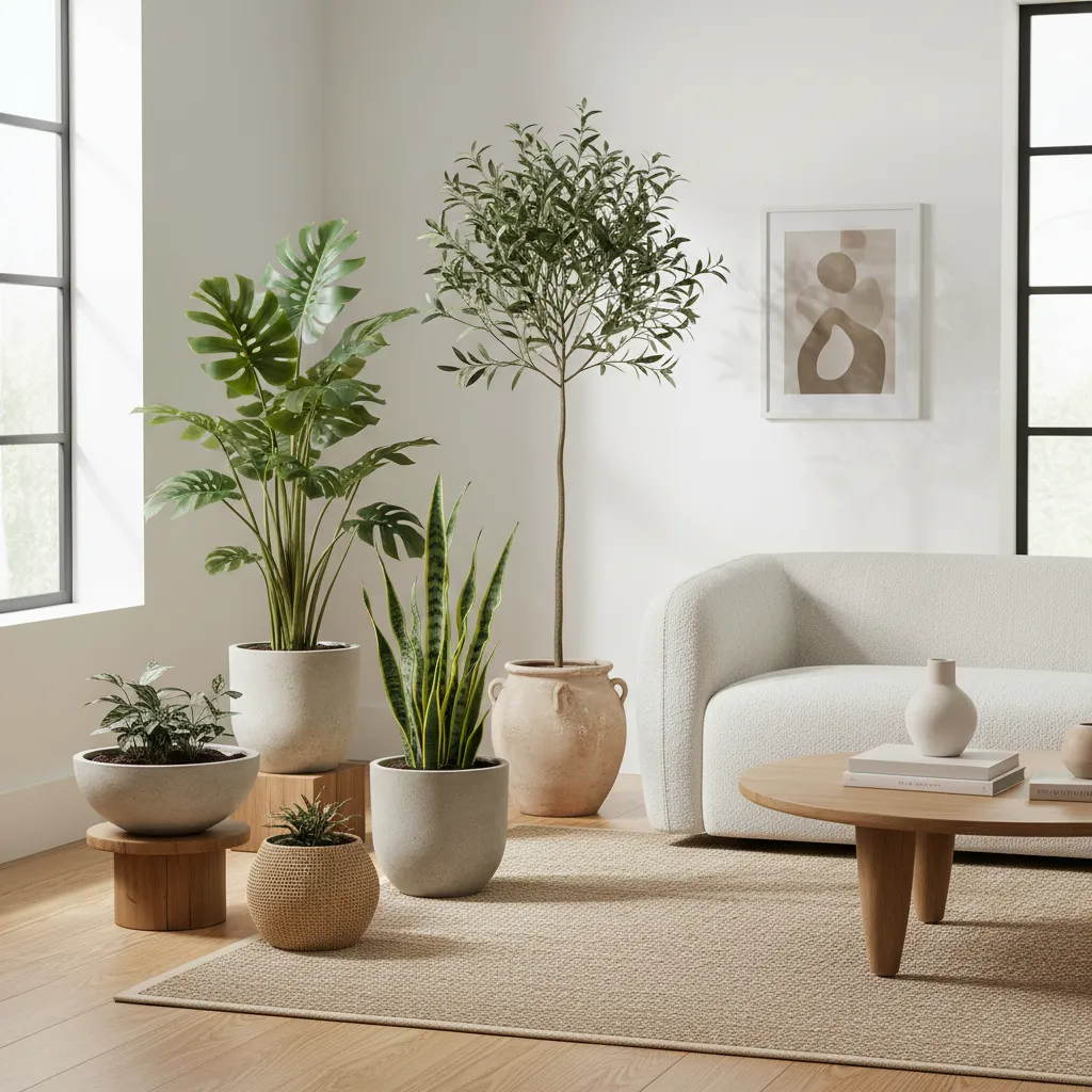 Varias plantas artificiales en macetas decorativas modernas
