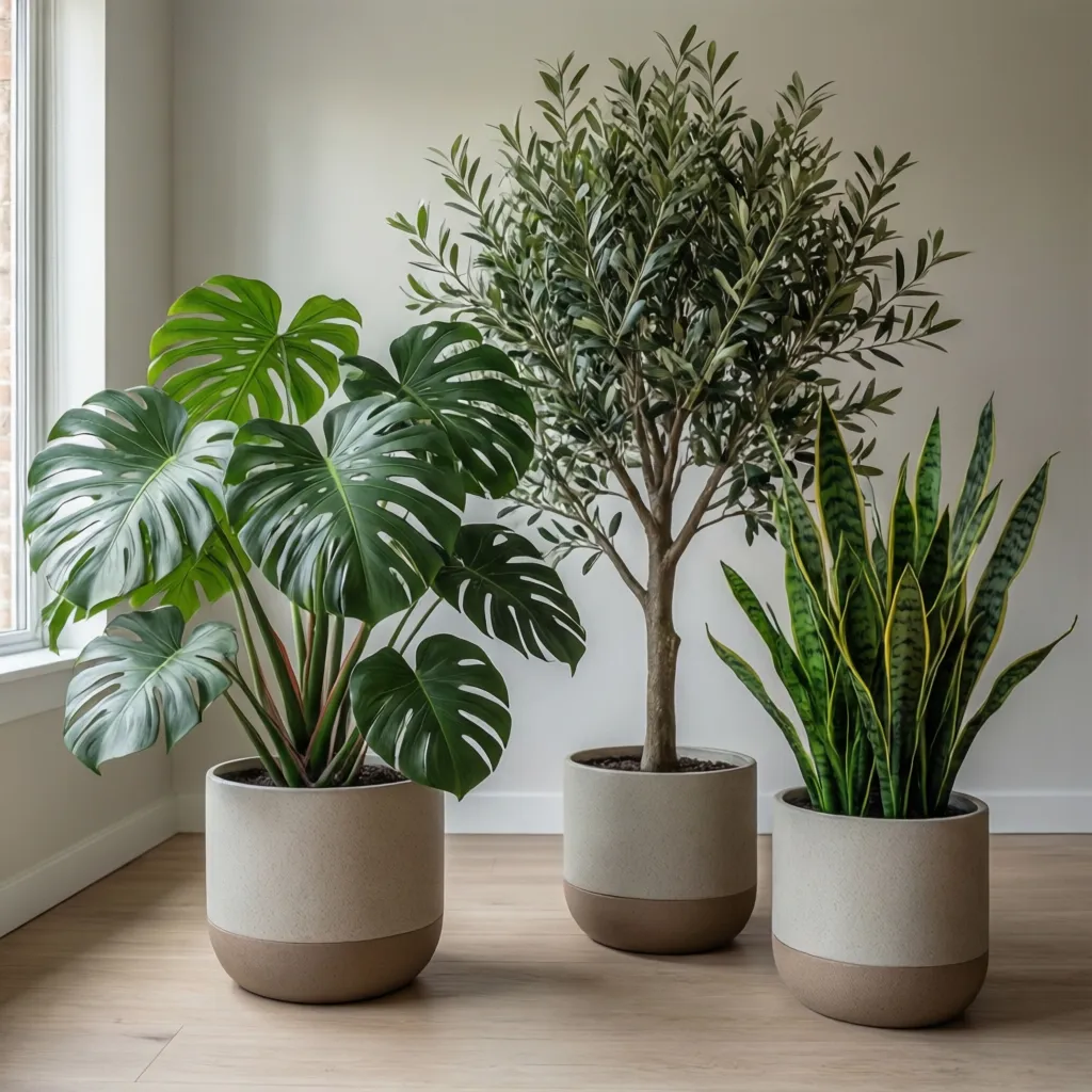 Conjunto de plantas artificiales modernas en macetas decorativas