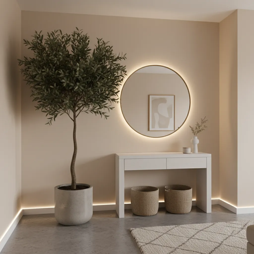 Recibidor moderno decorado con una planta artificial alta