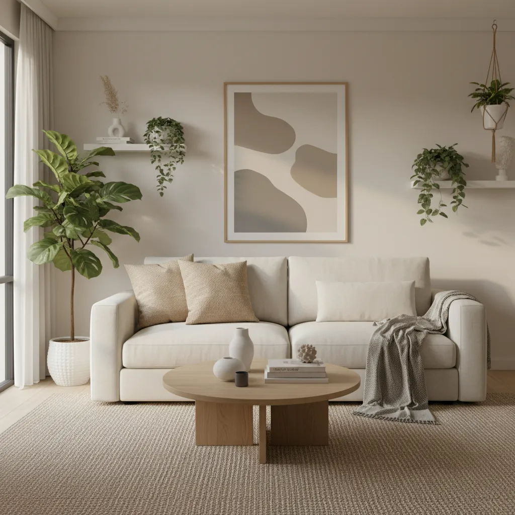 Sala de estar con plantas artificiales decorativas