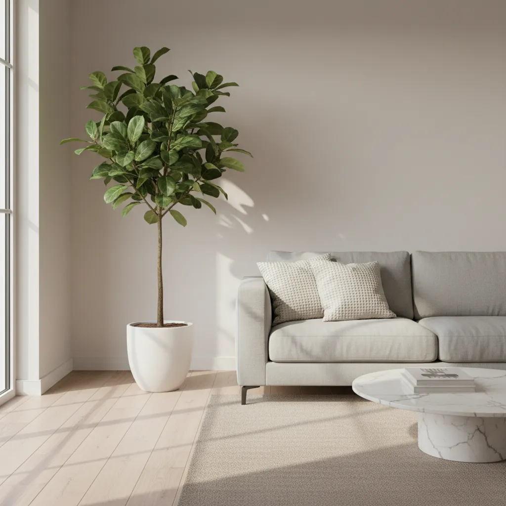 Green tree in white pot standing next to a grey sofa and marble coffee table
