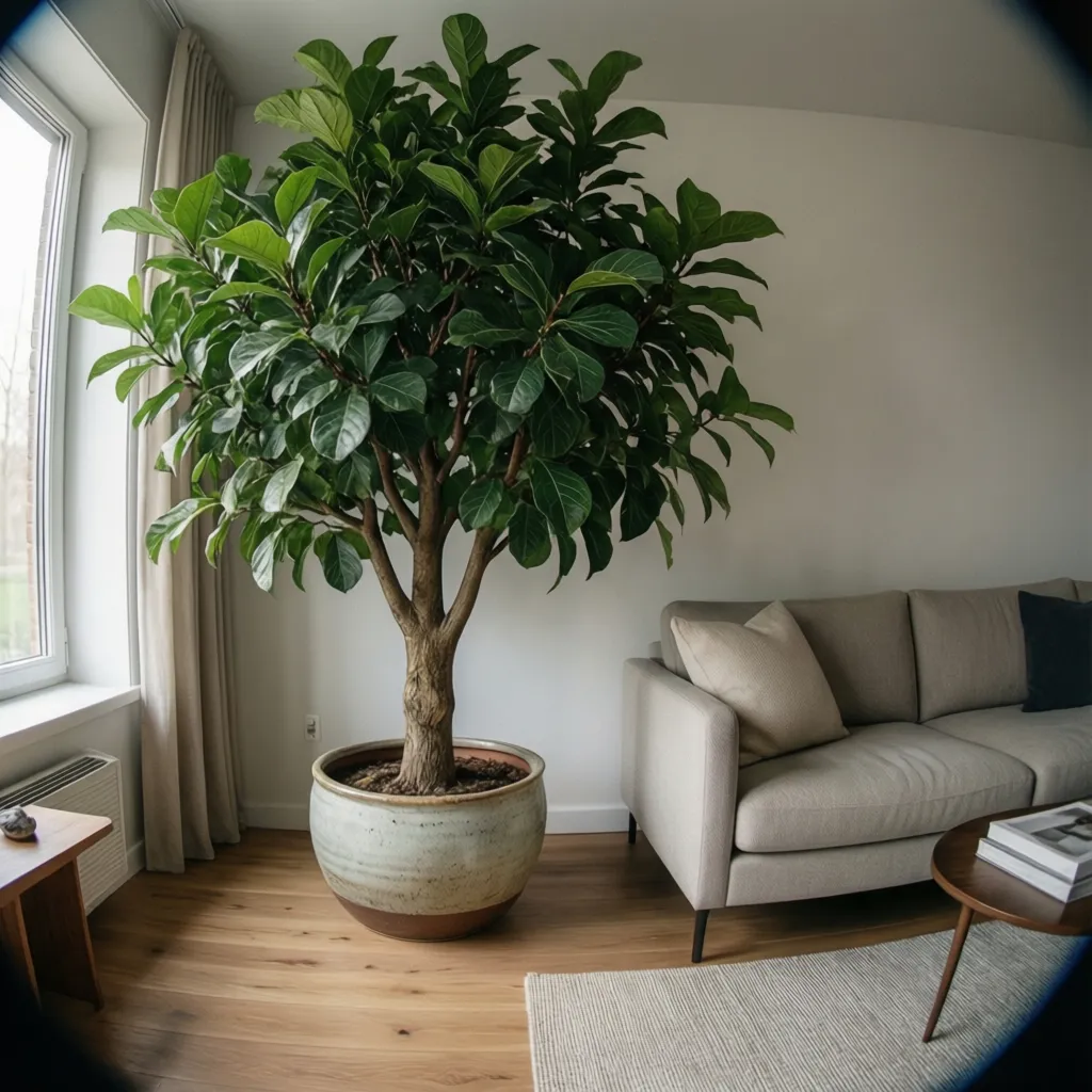 Large indoor tree in a ceramic pot placed in a modern living room with beige sofa