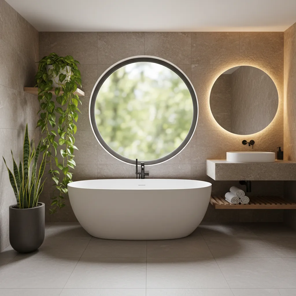 Baño moderno decorado con pothos y plantas resistentes a baja luz