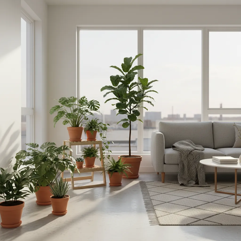 Bright living room with grey sofa and many potted plants near large windows overlooking view