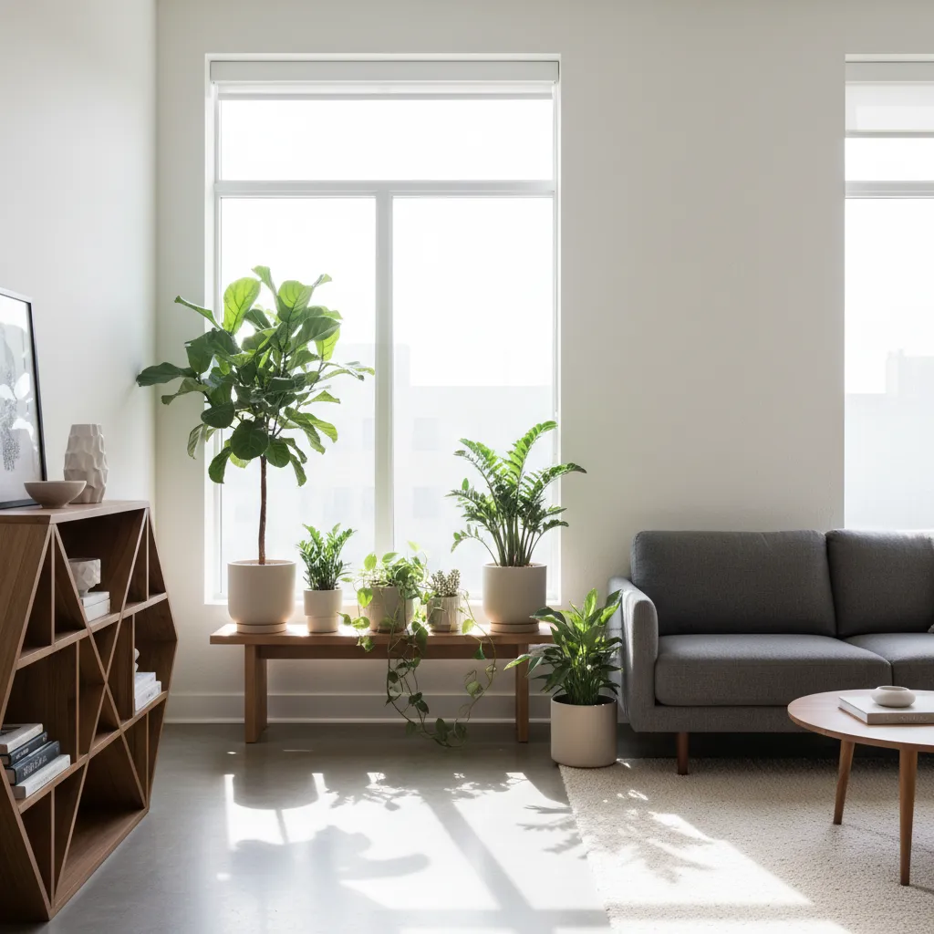 Bright living room with green plants on wooden bench near windows and a gray sofa