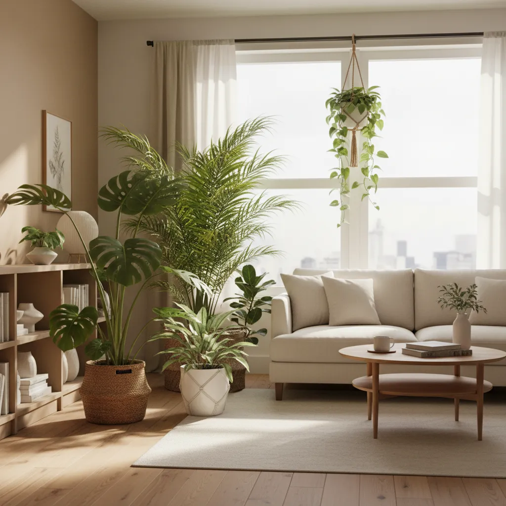 Bright living room with white sofa and green plants placed near a large sunny window