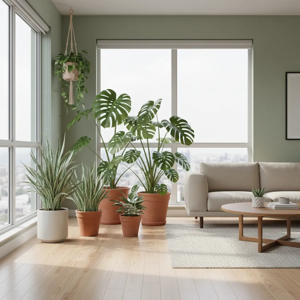 Plantas de interior colocadas cerca de una ventana luminosa