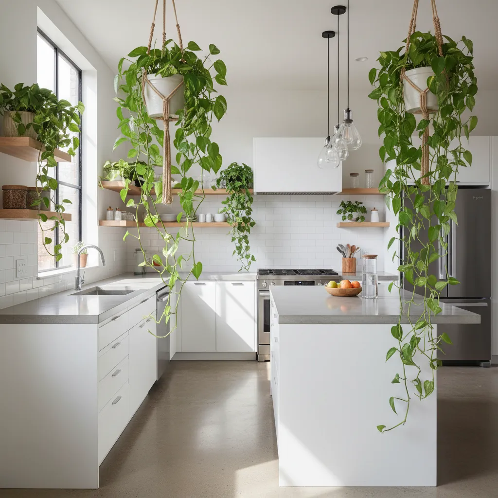 Modern white kitchen with island featuring hanging green plants white cabinets grey countertops and sunlight