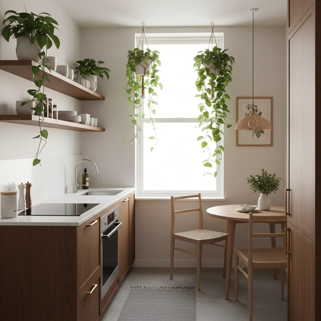 Plantas colgantes en una cocina pequeña con ventana