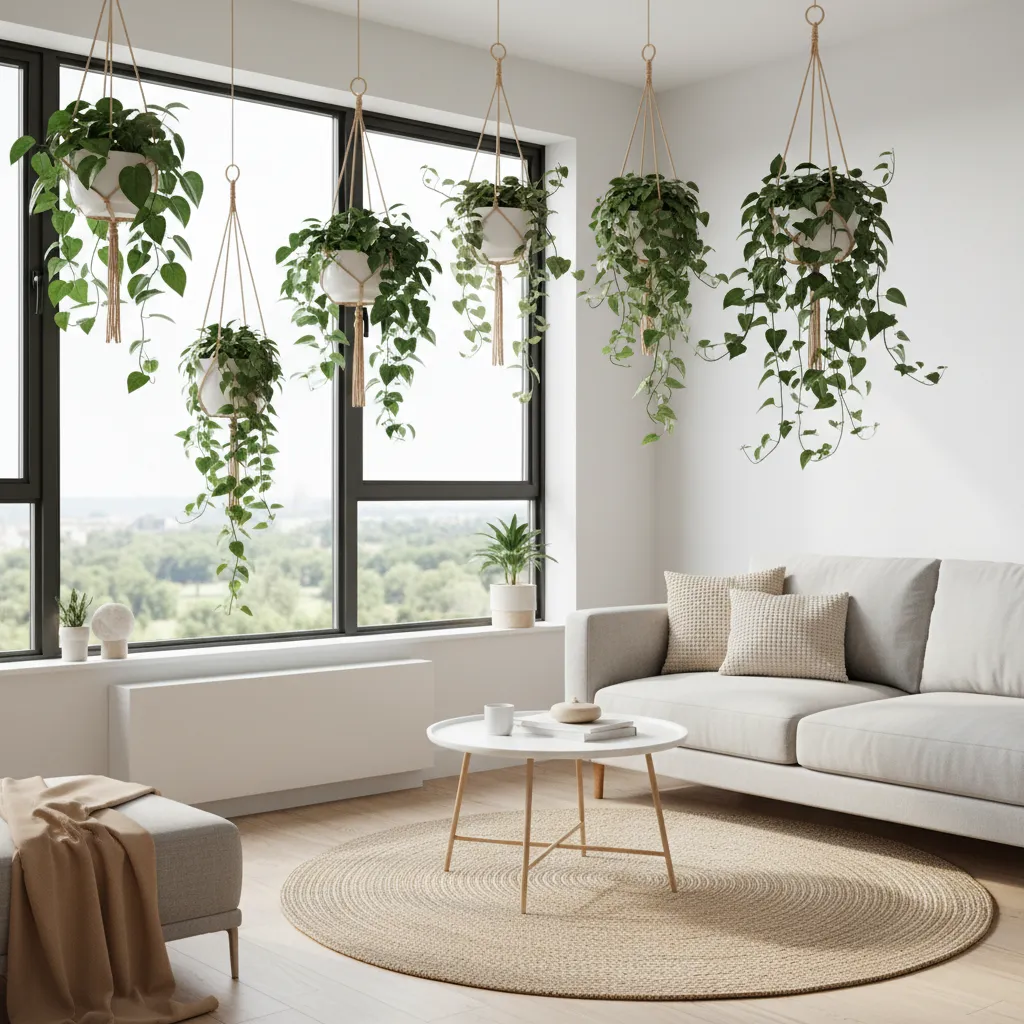 Plantas colgantes decorando un pequeño espacio interior